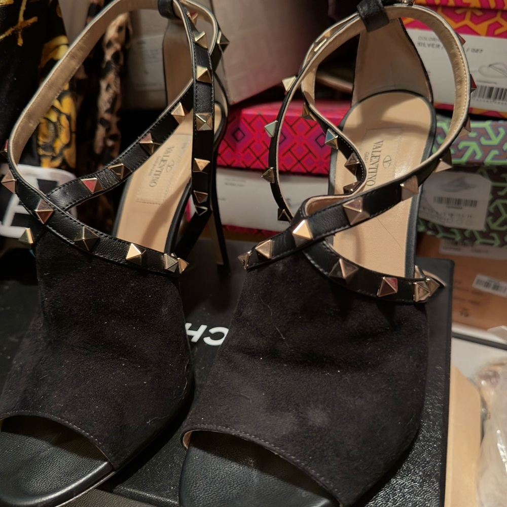 Valentino Black and Gold Rock Studded Heels